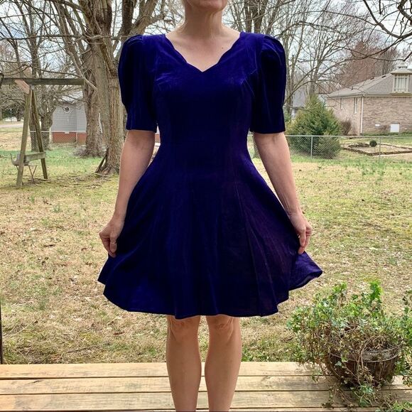 Vtg 80s/90s blue velvet  bow on back party dress - Picture 1 of 7